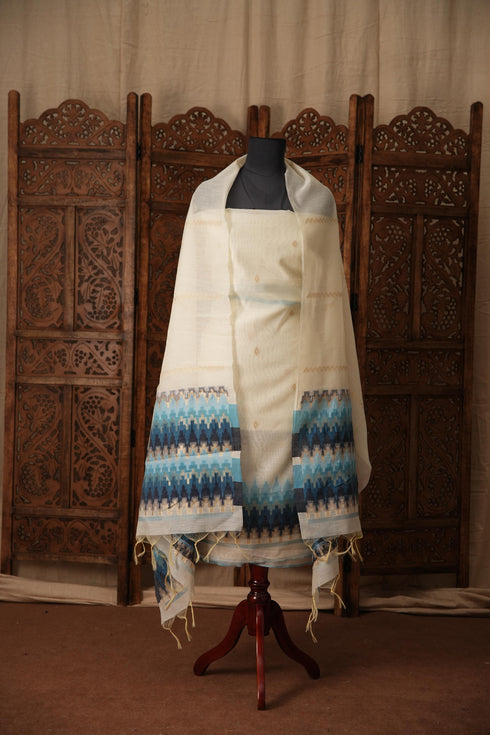 Everyday Elegance White & Blue Muga Cotton Unstitched Suit Set